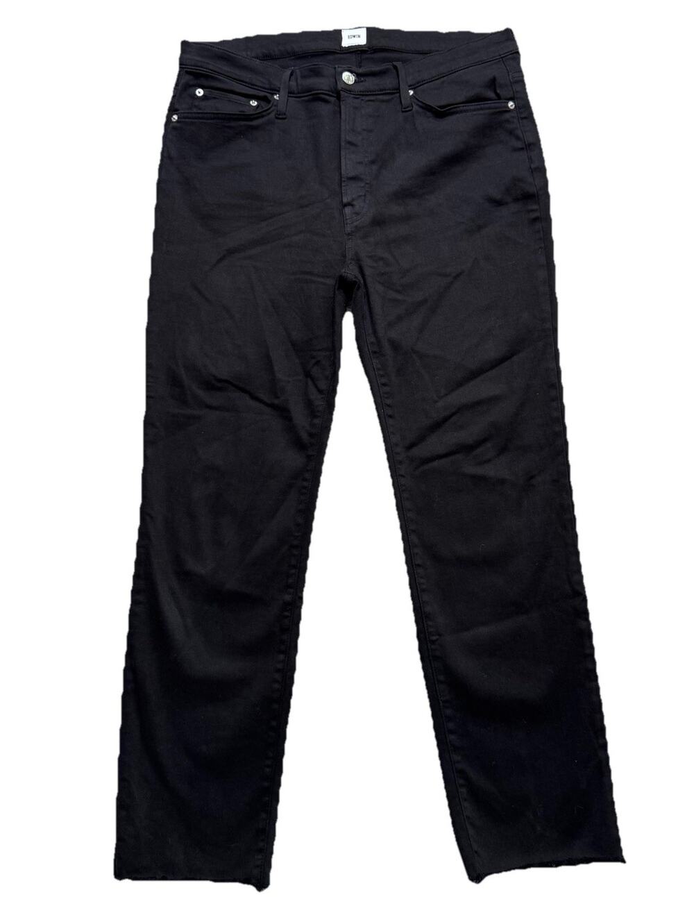 Edwin High Rise Straight Soft Black Denim Jeans 32 x 28 Anthropologie Raw Hem